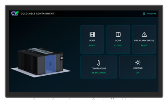 ColdWear Cold Aisle Containment controller screen showing roof, door, fire alarm, temperature, and lighting status