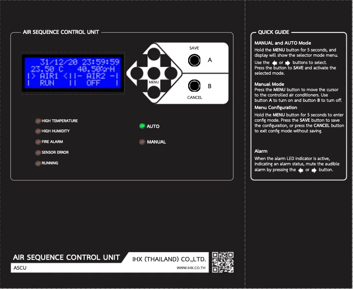 ConnectPlus ASCU Air Sequence Control Unit faceplate with LCD, keypad, and quick guide